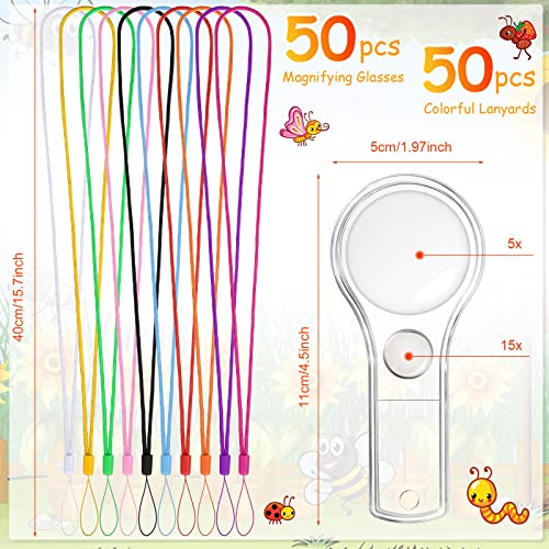 50 Pack Magnifying Glass for Kids, 15x and 5X Handheld Portable Magnifier for Home, Magnify Glasses Lens with 50 Lanyard for School Students Outdoor Explorer, Science Observation and Reading