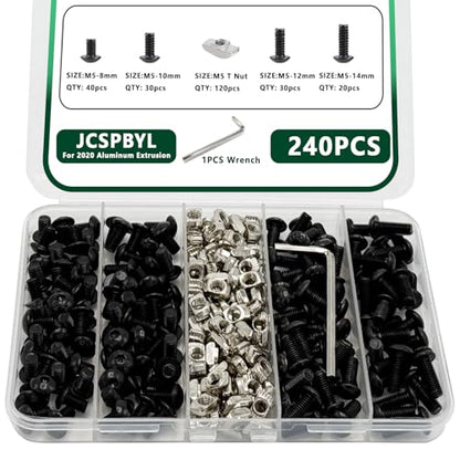 240 pcs M5 T Nut Screws Kit for 2020 2040 2080 Aluminum Extrusion, 120 pcs Black M5x8/10/12/14mm Hexagon Socket Screws and 120 pcs M5 Drop in T-Nuts with 1 pcs Hex Wrench - style: 240pcs 20 Series Screws Kit Black B