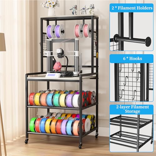 kepptory 3D Printer Stand with Power Outlet, Rolling Storage Cart w/Filament Spool Holder, Lockable Wheels Heavy Duty Rack for Ender 3 Ender 5 CR10 Desktop 3D Printers, Gray - color: Gray