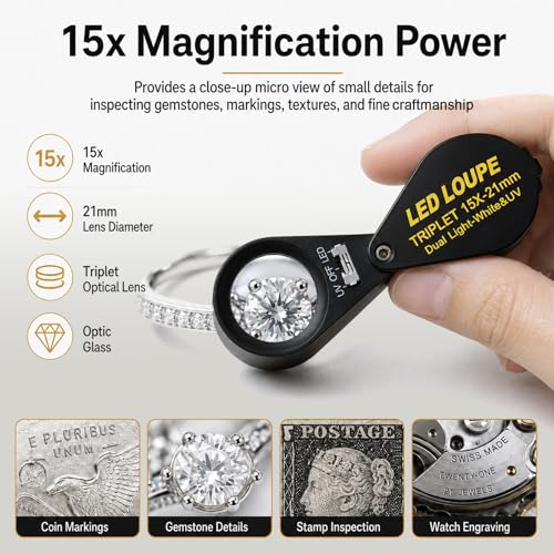 Jewelers Loupe 15x 21mm Jewelers Magnifying Glass Loupe Magnifier Coin Magnifying with Light Jewelers Loop for Gems, Jewelry, Coins and Trichomes - color: 15x Magnification