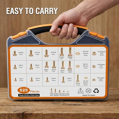 525PCS Metric Flanged Bolts and Nuts Kit, Grade 8.8 M6 M8 M10 Hex Flange Head Metric Bolts Screws Assortment, Automotive Grade Metric Bolts with Handy Storage Case - size: 525pcs Flanged M6 M8 M10