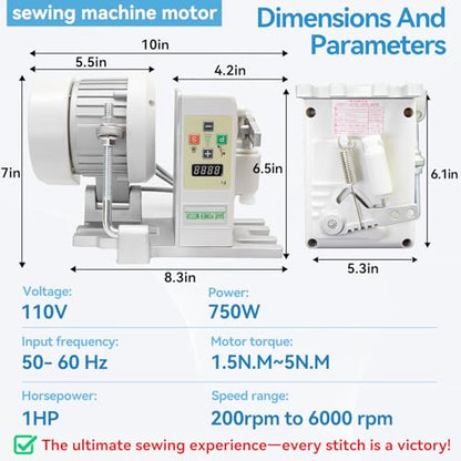 Industrial Sewing Machine Motor, Sewing Machine Servo Motor, AC110V 750W 1HP, 200-6000 RPM, Run CW and CCW, Energy-Saving Mute, with Instruction Manual
