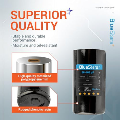 [2025 Updated] BlueStars 88-108 uF MFD 330VAC CD60 Motor Start Capacitor - size: 88-108 MFD 330 VAC
