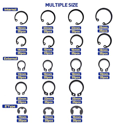 Boatsea 450Pcs Circlip Retaining Ring Kit, 3 Types 18 Sizes Incl External & Internal Circlips - size: E-Clip&External&Internal Retaining 450PCS