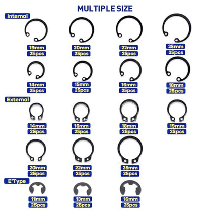 Boatsea 450Pcs Circlip Retaining Ring Kit, 3 Types 18 Sizes Incl External & Internal Circlips - size: E-Clip&External&Internal Retaining 450PCS