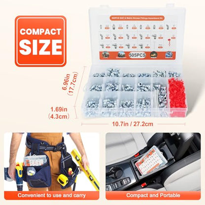 505 PCS Grease Fittings Kit, Metric & SAE Hydraulic Zerk Assortment 1/4" 1/8" M6 M8 M10 with Straight, 45 & 90 Degree Elbows, Zinc Plated Steel