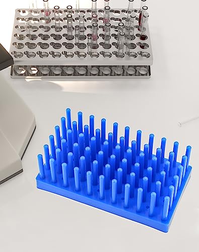 QWORK Test Tube Rack, Plastic Spike Drying Rack Holds, 4 Pack, 66-Position, for 12-16 mm Tubes, Blue - color: 4 Pack
