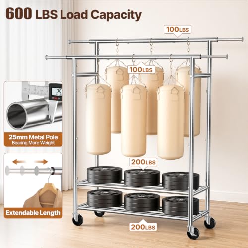 Heavy Duty Clothes Rack, Double Rod Garment Storage Organizer, Silver - color: Silver