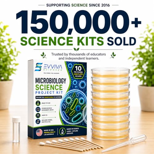 Evviva Sciences Microbiology Science Project Kit, Pre-Poured Agar Plates for Students, Agar Petri Dishes to Learn Microbiology, with Educational Experiment eBook - size: Medium (6 X 4 X 4in)
