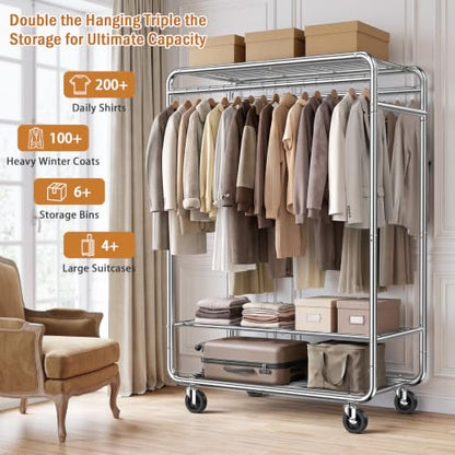 EAGMAK Heavy Duty Clothes Rack, 820 lb Double Rod, 3 Shelves, Silver - color: Silver