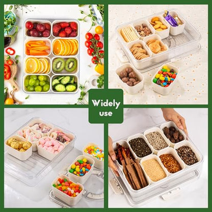 Patent Design Ribbed Snackle Box Container Snack Container Divided Serving Tray with Lid and Handle, 8 Divider Portable Snacklebox for Travel Beach for Charcuterie Veggie Fruit Candy,1 Pack - color: White