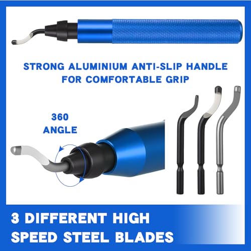 3 Pcs Hand Deburring Tool Kit 2 Countersink Hand Reamer and 1 Deburring Tool with 15 Extra High Speed Steel Swivel Blade for Metal, Resin, Aluminum, Copper, Plastic, 3D Printing, Wood (Blue) - color: Blue