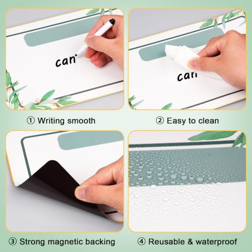 7Pcs Magnetic Write & Wipe Blank Labels, Eucalyptus Leaves Design Dry Erase Learning Magnets with 1 Black Pen & Back Card (30 * 20cm), Classroom Office Home Organization Supplies - style: Eucalyptus Leaves