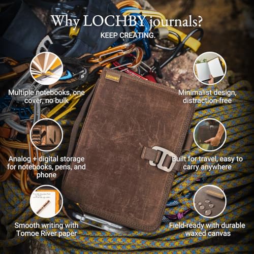 LOCHBY® Field Journal | Planner Cover | Water Resistant Waxed Canvas | Pen Loop | Included Tomoe River Notebook | Perfect for Travel, Art, Bullet Journal - color: Brown, size: A5 Hook