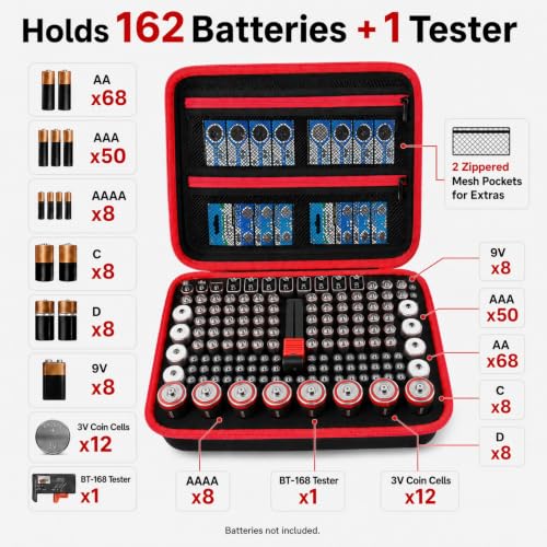 Comecase Battery Organizer with Tester for 162 AA AAA C D 9V Batteries - size: Large 162+Batteries