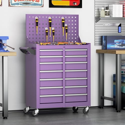Oakcloud Lockable 7-Drawer Rolling Tool Chest with Pegboard and Black Liner – Heavy-Duty Steel Garage Tool Box on Wheels – Mobile Storage Cart with Side Handle & Utility Hooks, Purple - color: Purple, size: 7-Drawer