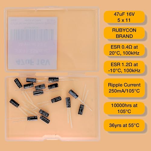 47uF 16V 5X11mm Rubycon Electrolytic Capacitor Low ESR 0.4Ω Long Life 36yrs at 55 Degree C mfd mircofarad Micro Farad Radial Lead Aluminum Capacitors (Pack of 15) - style: 47uF 16V 5X11mm Rubycon