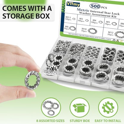 Star Washers Internal Tooth Lock Washers Assortment (M2.5-M12) 500Pcs - size: Internal Tooth Lock Washers