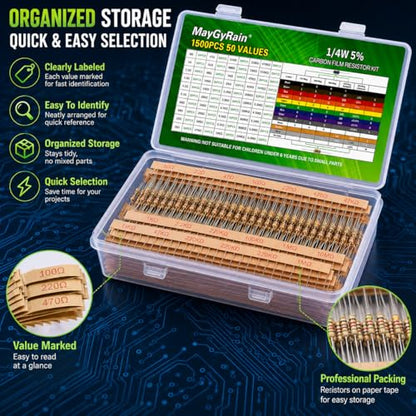 Carbon Film Resistor Kit, 50 Values 1/4W 5% Tolerance Resistors Assortment,0-10M Ohm Through Hole Resistors with Storage Box for Arduino,DIY Electronics Circuit Repair (1/4WJ-50V-1500PCS, Carbon) - style: 1/4WJ-50V-1500PCS