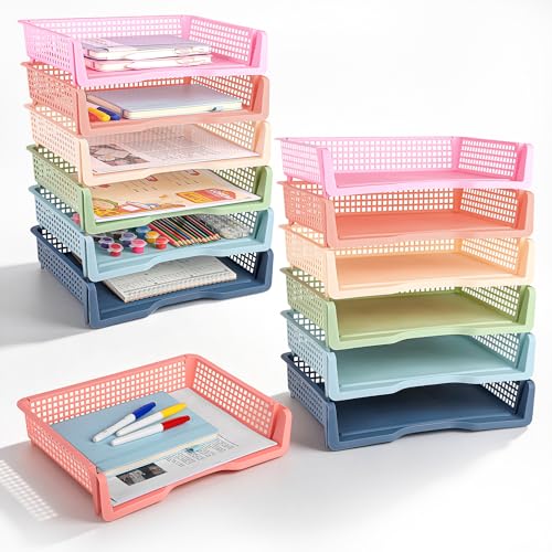 Aneco 12 Pack Turn in Trays Classroom Boho Color Stackable Paper Tray Teachers Desk Organizer Bin for Classroom Teachers Organization Office Home Paper Storage,13.4 x 10.2 x 9 Inch