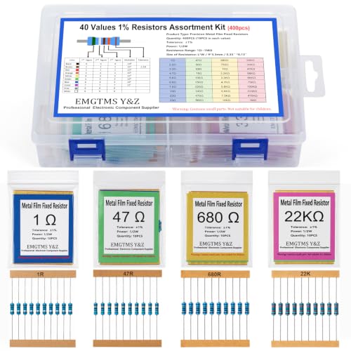 40 Values 400 Pcs 1/2W Resistor Kit, 1Ω-1MΩ ±1% Metal Film Resistors