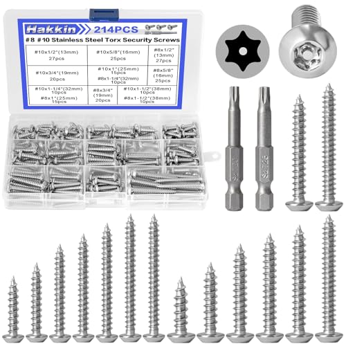 214Pcs #8#10 Button Head Torx Security Sheet Metal Screws (Length 1/2” 5/8'' 3/4'' 1" 1-1/4'' 1-1/2”), Stainless Steel Tamper Resistant Self Tapping Screws, Anti-Theft Screws with Bit T20 T25 - size: A. #8#10