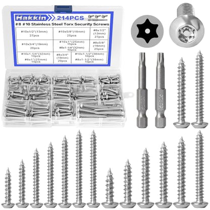 214Pcs #8#10 Button Head Torx Security Sheet Metal Screws (Length 1/2” 5/8'' 3/4'' 1" 1-1/4'' 1-1/2”), Stainless Steel Tamper Resistant Self Tapping Screws, Anti-Theft Screws with Bit T20 T25 - size: A. #8#10