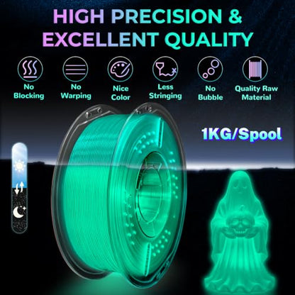PLA+ 3D Printer Filament, Glow in The Dark Filament 1.75mm, Long-Lasting Glow & High-Brightness, Luminous Bright 3D Printing Filament for Most 3D Printer - 1kg Spool(Glow Blue Green) - color: Bluegreen