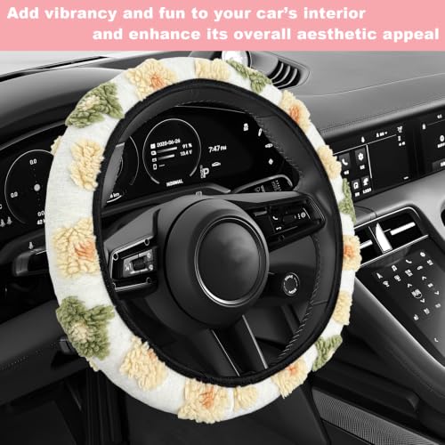 15" Plush Flower Car Steering Wheel Cover (Yellow) - color: Yellow
