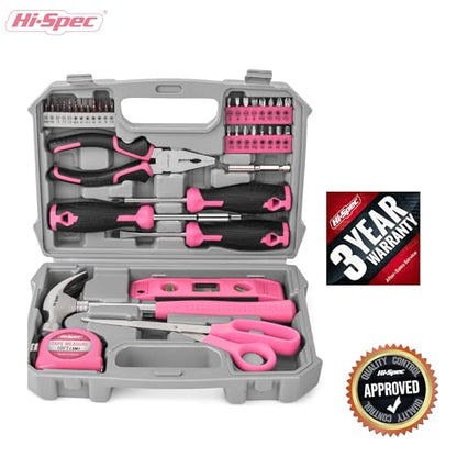 Hi-Spec Tool Kit, General Household Hand Tool Set with Toolbox Storage Case, All-in-One Compact Toolkit for DIY & Dorm Use, Pink - color: Pink