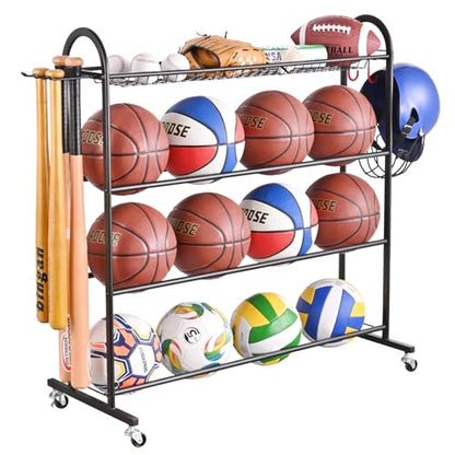 PLKOW Rolling Ball Storage Rack with Bat Holder and Hooks, Black
