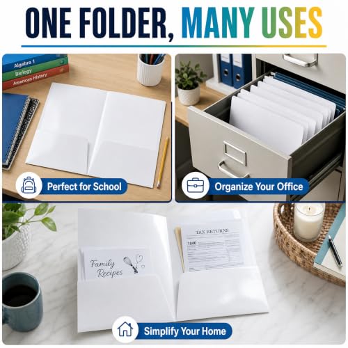 Better Office Products 2 Pocket Glossy Laminated White Paper Folders, Letter Size, 25 Pack, White Paper Portfolios, Box of 25 - color: White