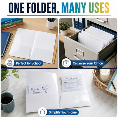 Better Office Products 2 Pocket Glossy Laminated White Paper Folders, Letter Size, 25 Pack, White Paper Portfolios, Box of 25 - color: White