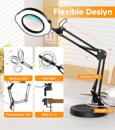 10X 15X Magnifying Glass with Light and Stand, LED Desk Magnifying Lamp with Base and Clamp, 5 Color Modes, 10 Dimmable Levels Lighted Desktop Magnifier for Reading, Crafts, Jewelry, Sewing