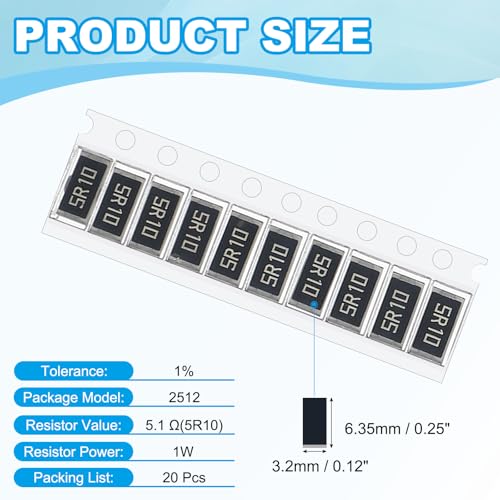 PATIKIL 2512 Surface Mount Device Chip Resistor Kit, 20Pcs 5.1 Ohm 1% Tolerance 1W DIY Resistor Ceramic Resistance Assortment Kits for Electronic Products - style: 5.1 Ohm