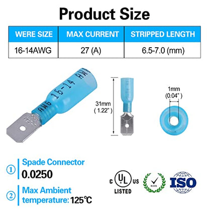 100 PCS 16-14 AWG Waterproof Heat Shrink Quick Disconnect Connectors, Crimp Electrical Wire Male Spade Connectors Insulated Disconnect for Marine Automotive Motorcycle Home Wiring (Blue) - size: [16-14 AWG] Male x 100