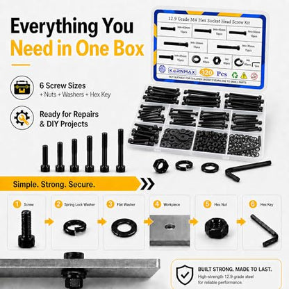 320PCS M4 Screws Kit, M4x25/30/35/40/45/50mm Hex Socket Head Cap Bolts Nuts Washers Assortment Set, 12.9 Grade Alloy Steel Black Oxide, M4 Metric Screw for 3D Printer, DIY& Repairs - size: M4 320pcs