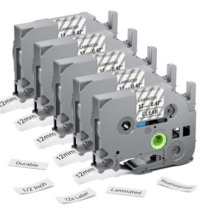 5-PK Replace for Brother Label Maker Tape 12mm 0.47 Laminated Clear TZe-131 - color: Black Ink on Clear Tape, size: 1/2 inch 26.2 feet (12mm x 8m)