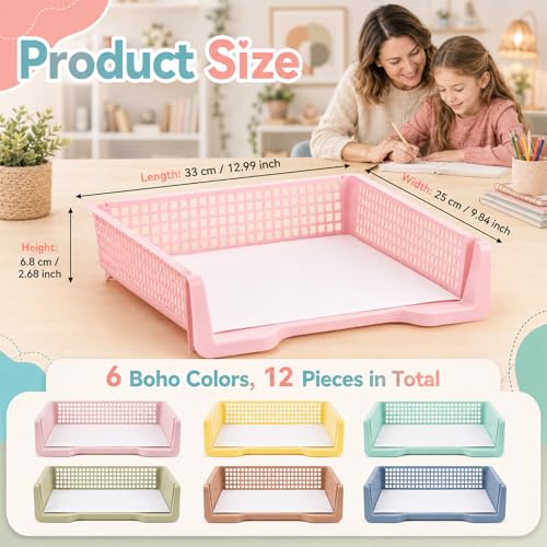 Set of 12 Boho Turn in Trays for Teachers Stackable Classroom Paper Letter Trays Plastic Classroom Desk Letter Organizer Tray Storage Baskets for Library, Drawers, Office, Home - color: Boho