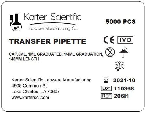 1.0ml Graduated Transfer Pipettes, Cap. 5ml, 1/4ml Grads, 500pk, Karter Scientific 206I1 (Case of 5000) - size: 1ml, style: Pack of 5000