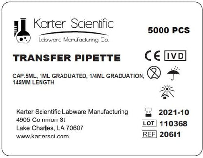 1.0ml Graduated Transfer Pipettes, Cap. 5ml, 1/4ml Grads, 500pk, Karter Scientific 206I1 (Case of 5000) - size: 1ml, style: Pack of 5000