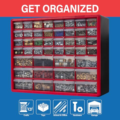Akro-Mils 44 Drawer 10144REDBLK, Plastic Parts Storage Hardware and Craft Cabinet, (20-Inch W x 6-Inch D x 16-Inch H), Red & Black, (1-Pack) - color: Red, size: 44 Drawer, style: 1 Pack
