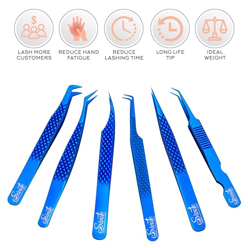 Eyelash Extension Tweezers Set of 6, Japanese Steel, Blue - color: Blue