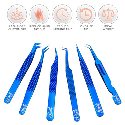 Eyelash Extension Tweezers Set of 6, Japanese Steel, Blue - color: Blue