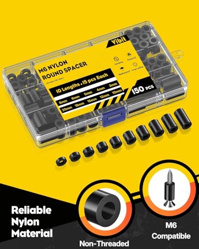 Vibit 150 Pcs M6 Nylon Spacers for Screws, ID 6 mm & OD 11 mm, 10 Lengths – 3 mm 4 mm 5 mm 6 mm 8 mm 10 mm 12 mm 15 mm 18 mm 20 mm, Non-Threaded Plastic Spacers Round Spacer for M6 Screws, Black - size: M6,150PCS