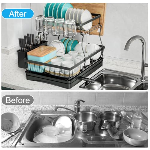 7 code 2-Tier Large Dish Drying Rack for Kitchen Counter, Black - color: Black