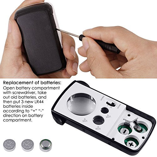 Jewelry Loupe Magnifier with UV LED Light, AFUNTA 30X 60X 90X Slide Out Pocket Magnifying Glass for Jewelry Diamonds Gems Coins Stamps Rocks Watches Hobbies Antiques Models Photos -Black