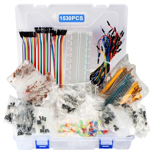1530Pcs Electronics Component Kit – Electronics Lab Starter Set 830-Tie Breadboard, Metal-Film Resistors, Ceramic & Electrolytic Capacitors, LEDs, Diodes, Transistors, Dupont & Jumper Wires