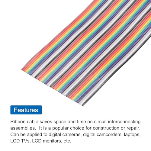 MECCANIXITY 1 Pcs 40 Pin Flat Rainbow Ribbon Cable 6.6 Ft 1.27mm Pitch Breadboard Jumper Wires for Electronic Projects - size: 6.6 Ft, style: 40P