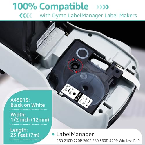 NineLeaf 3 Roll Black on White Cassettes Compatible for DYMO D1 45013 S0720530 Label Tape Replacement for LabelManager 160 280 420P PnP 220P 360D 450 210D Label Maker - 1/2 Inch x 23 Feet - color: Black on White, size: 12mm